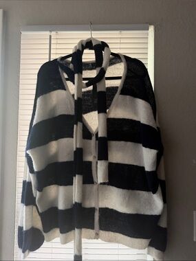 Striped Blue  and White Women’s Button Cardigan with Tie